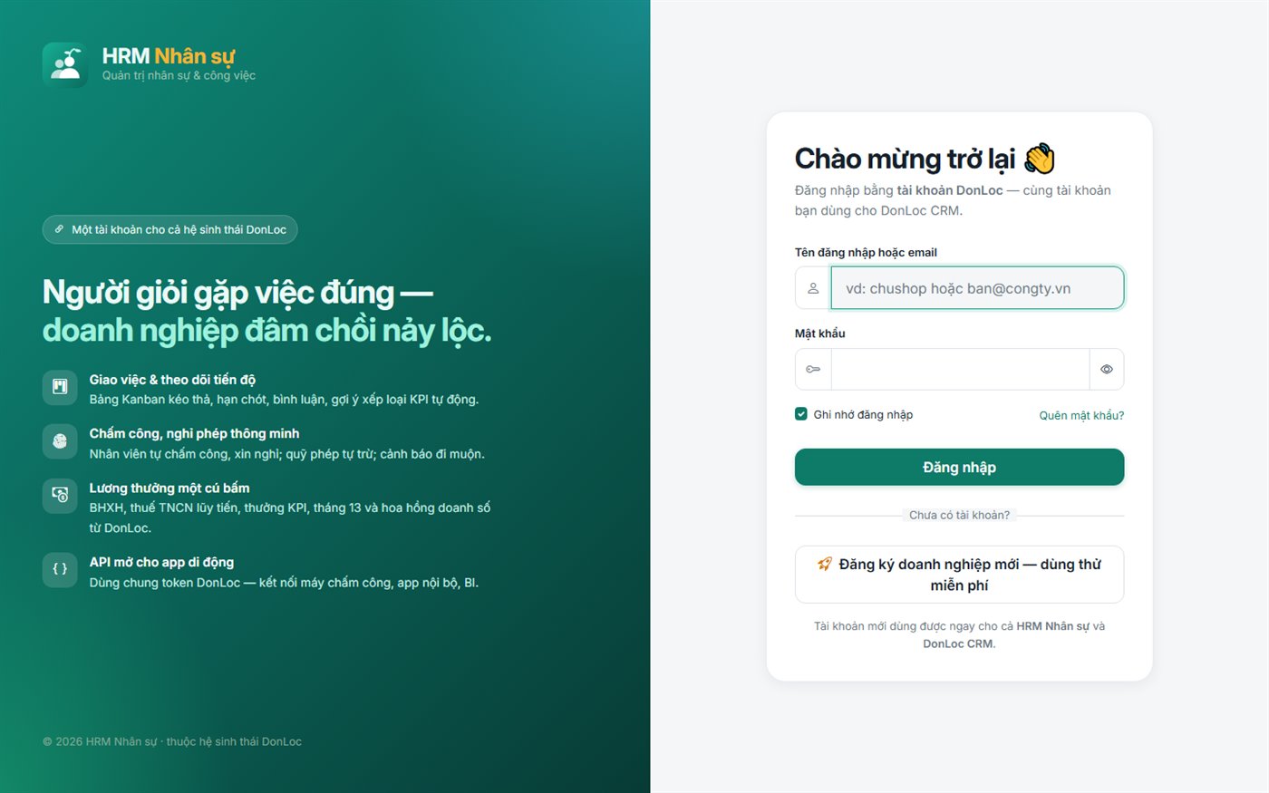 Ảnh chụp trang đăng nhập HRM Nhân sự, kèm danh sách tính năng